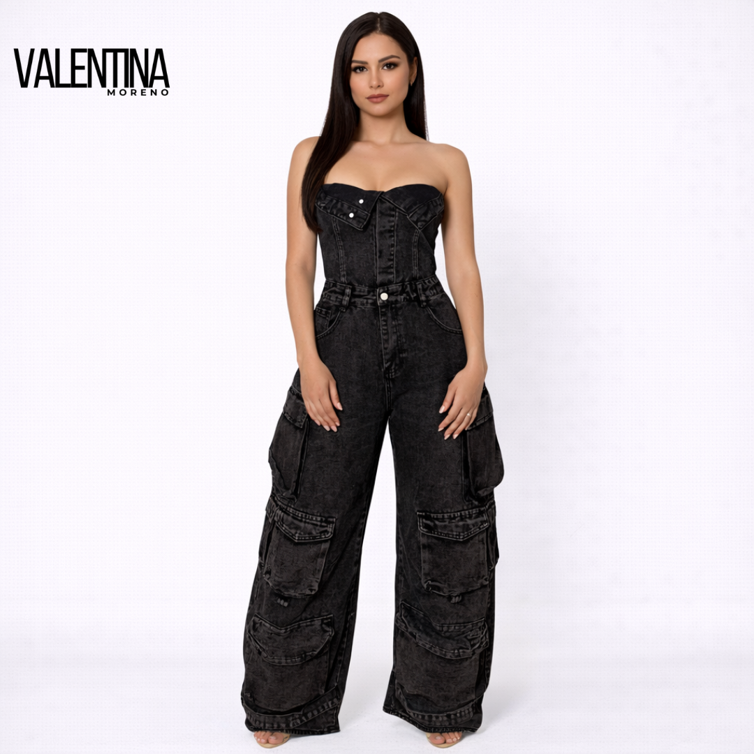 CARLA™ | Mono Denim Cargo Sin Tirantes