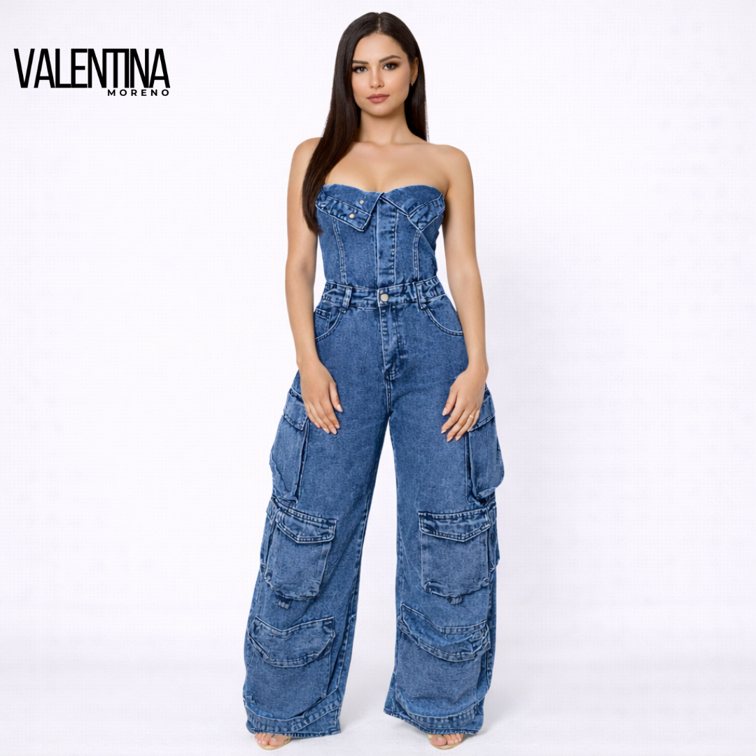 CARLA™ | Mono Denim Cargo Sin Tirantes